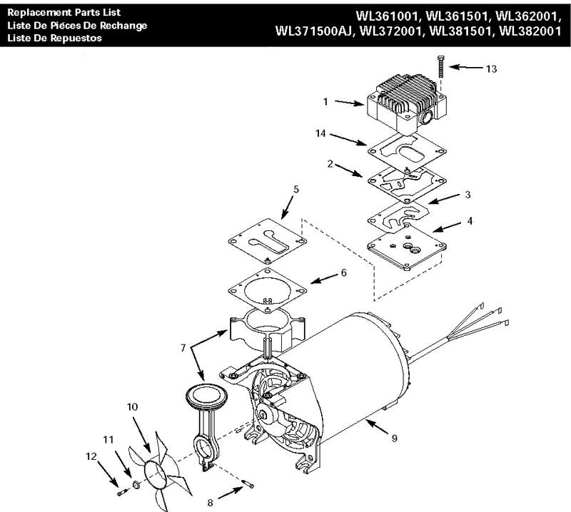 Section 1 Diagram and Parts List for WL361001  Campbell Hausfeld Compressor